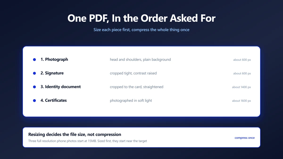 The four parts of a combined application PDF with the size each one needs | ImagePDF.Tools | ImagePDF.Tools