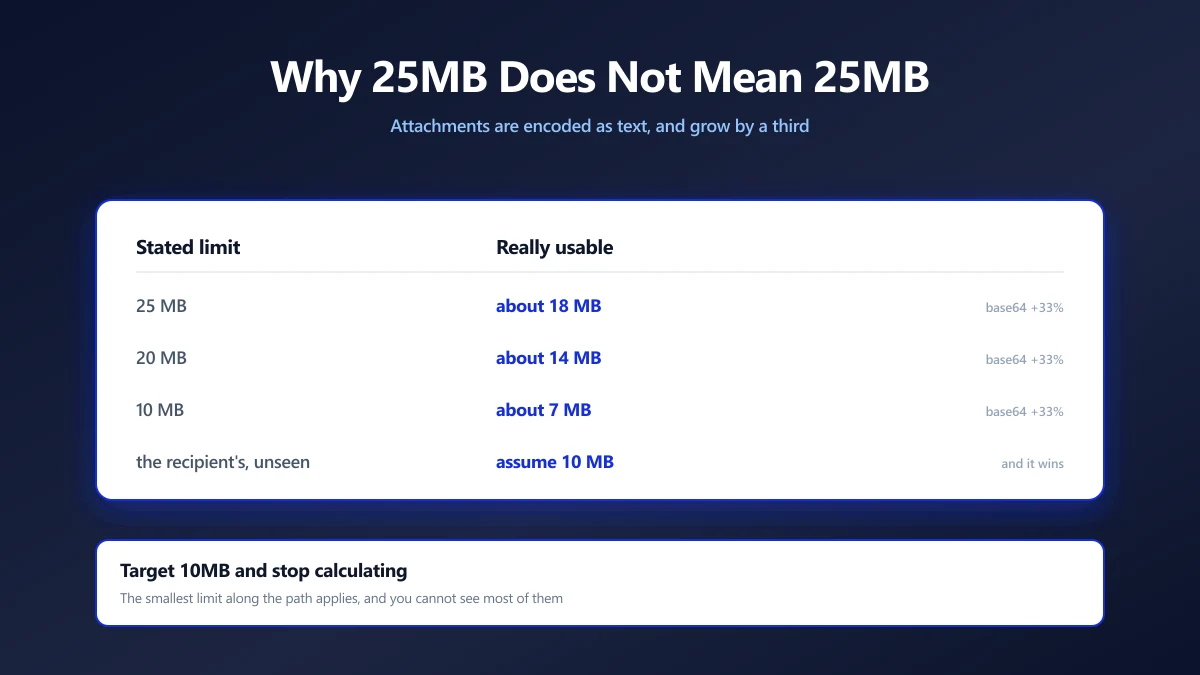 A table of stated email attachment limits beside what is really usable after base64 encoding | ImagePDF.Tools | ImagePDF.Tools