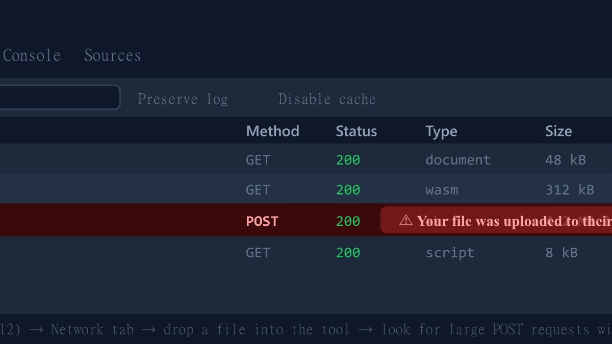 Browser DevTools Network tab showing no outbound upload request during image compression | ImagePDF.Tools | ImagePDF.Tools