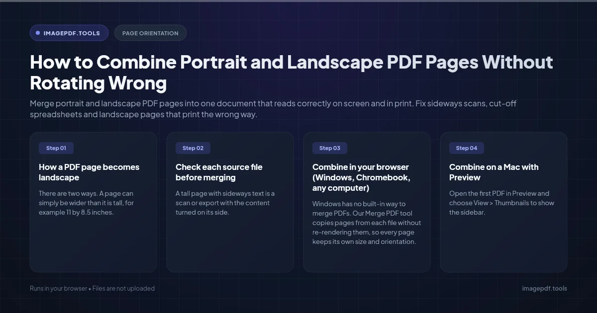 Thumbnails of a combined PDF with tall portrait report pages and a wide landscape spreadsheet page in the same file | ImagePDF.Tools