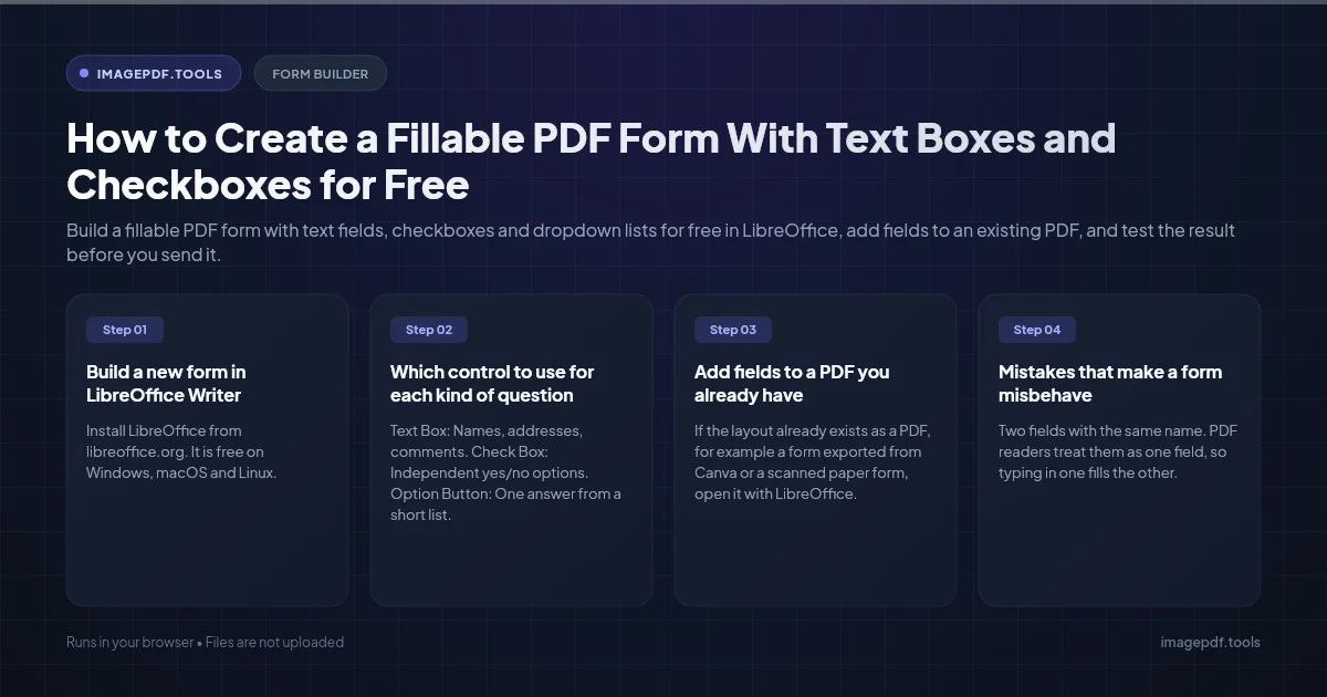A LibreOffice Writer page with text boxes and checkboxes drawn next to form labels, beside the exported fillable PDF | ImagePDF.Tools