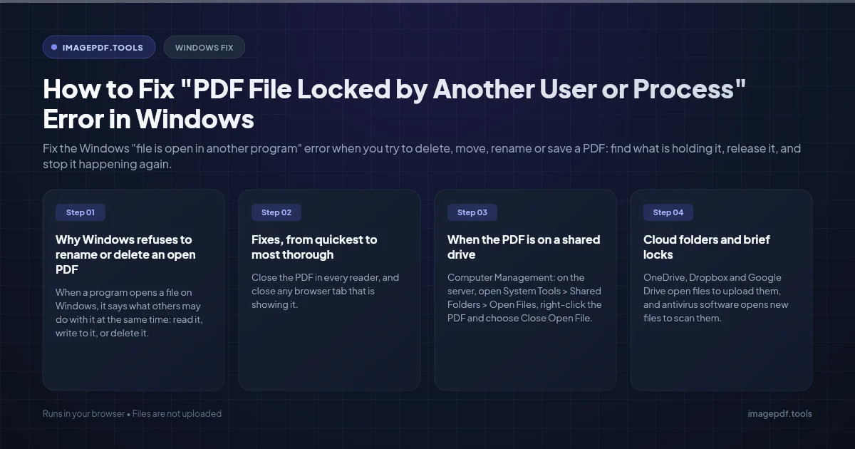 The Windows File In Use dialog for a PDF next to File Locksmith listing the process that holds the file open | ImagePDF.Tools