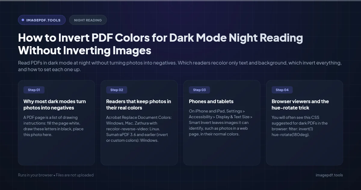 How to Invert PDF Colors for Dark Mode Night Reading Without Inverting Images | ImagePDF.Tools