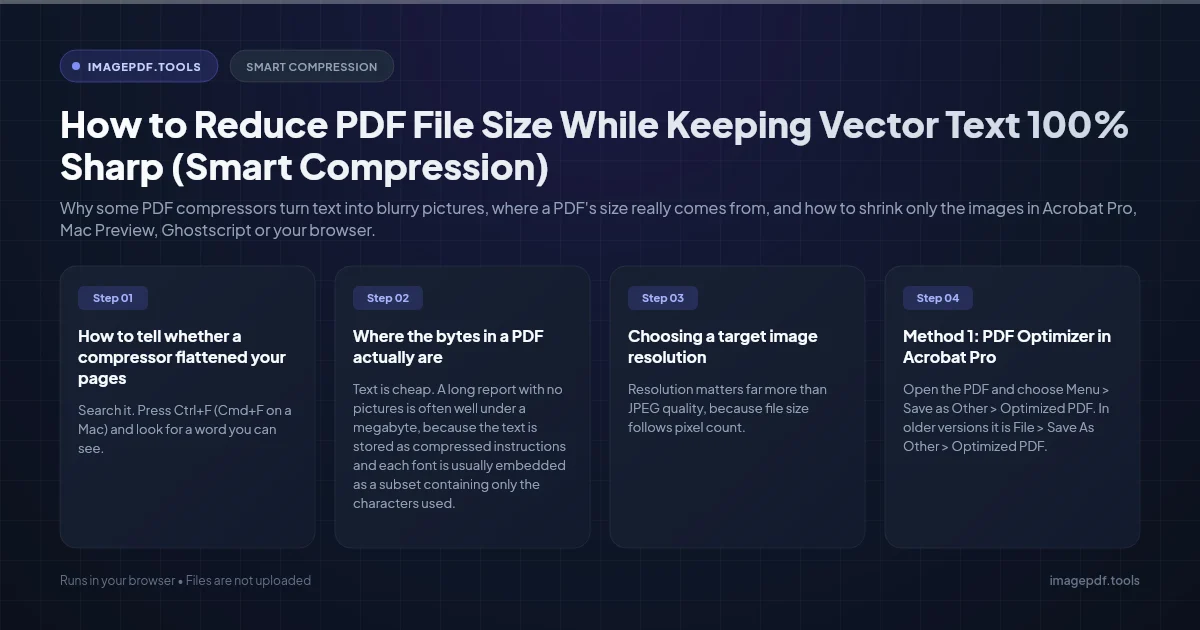 Title card reading: Reduce PDF file size while keeping vector text sharp | ImagePDF.Tools