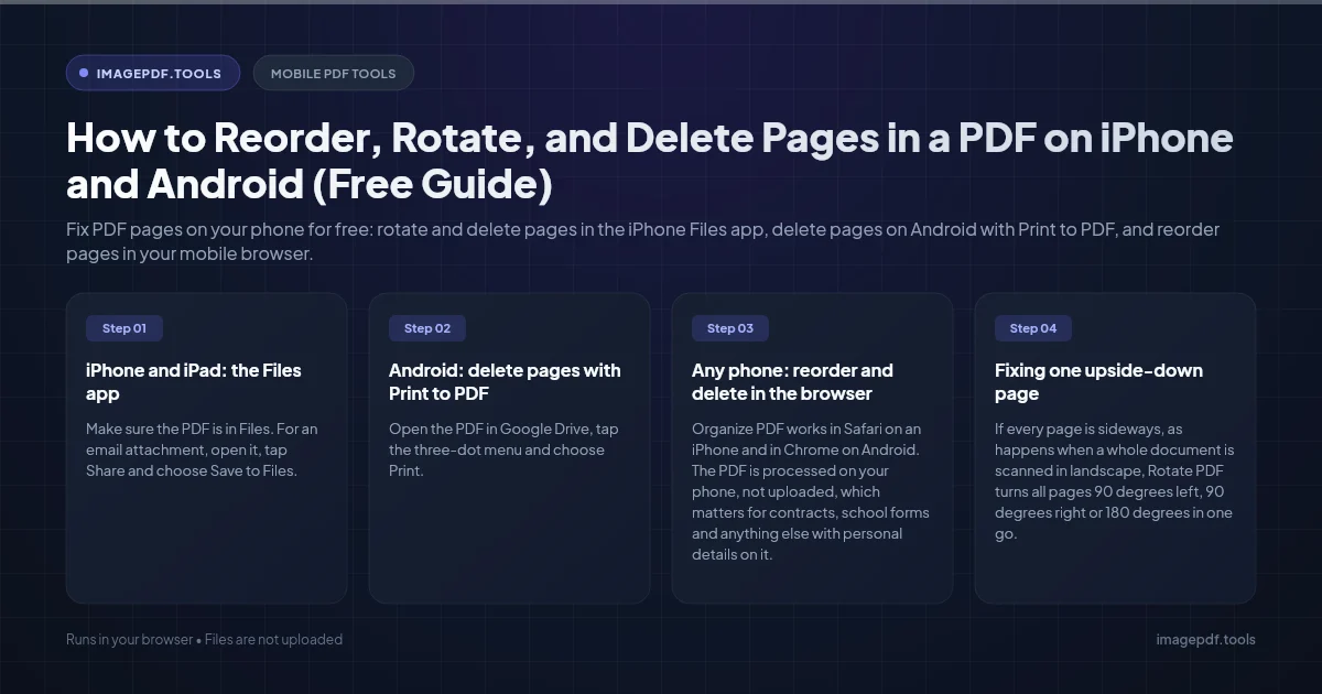 A PDF open on a phone with page thumbnails, one page being rotated and a blank page being deleted | ImagePDF.Tools