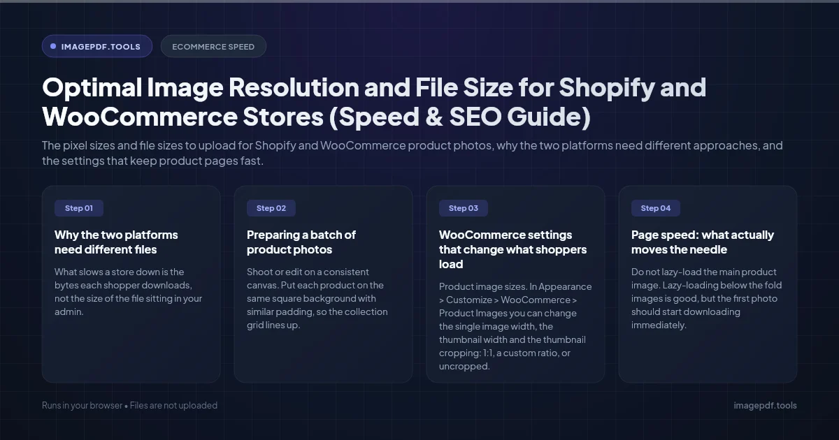 A product photo prepared at 2048 by 2048 pixels, with the smaller versions Shopify and WooCommerce generate for product pages, grids and thumbnails | ImagePDF.Tools