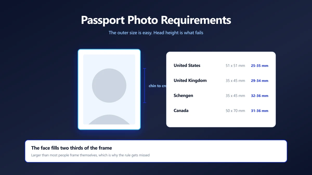 A passport photo with the chin to crown measurement marked, beside the size rules for four countries | ImagePDF.Tools | ImagePDF.Tools