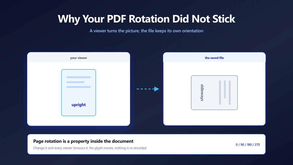 A sideways PDF page shown upright in a viewer while the saved file still contains the original orientation | ImagePDF.Tools | ImagePDF.Tools