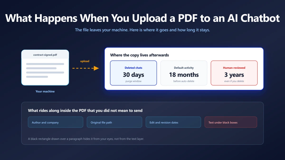 Diagram of a PDF leaving a local machine for an AI chatbot, showing retention windows and the hidden metadata carried inside the file | ImagePDF.Tools | ImagePDF.Tools