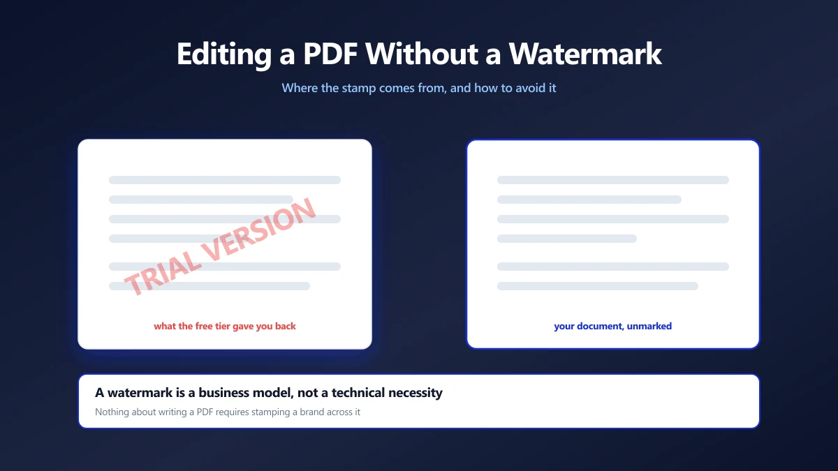 The same edited page twice: once stamped with a diagonal trial watermark, once clean | ImagePDF.Tools | ImagePDF.Tools