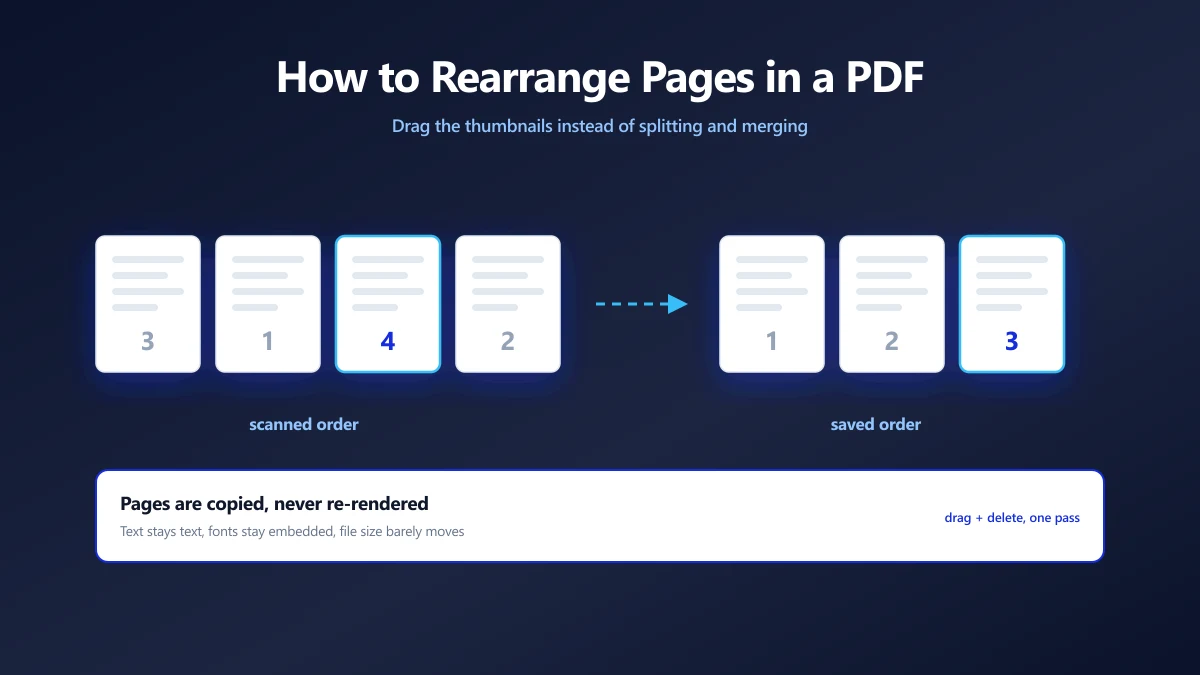 Page thumbnails of a PDF being dragged into a new order, with one page marked for deletion | ImagePDF.Tools | ImagePDF.Tools