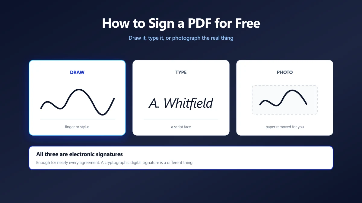 Three ways to make a signature for a PDF: drawn with a pointer, typed in a script face, and photographed from paper | ImagePDF.Tools | ImagePDF.Tools
