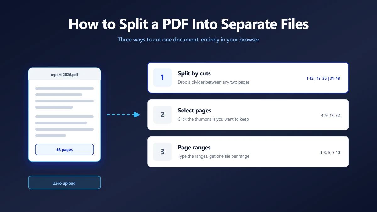 Diagram showing a 48 page PDF being split three ways: by cut points, by selected pages, and by typed page ranges | ImagePDF.Tools | ImagePDF.Tools