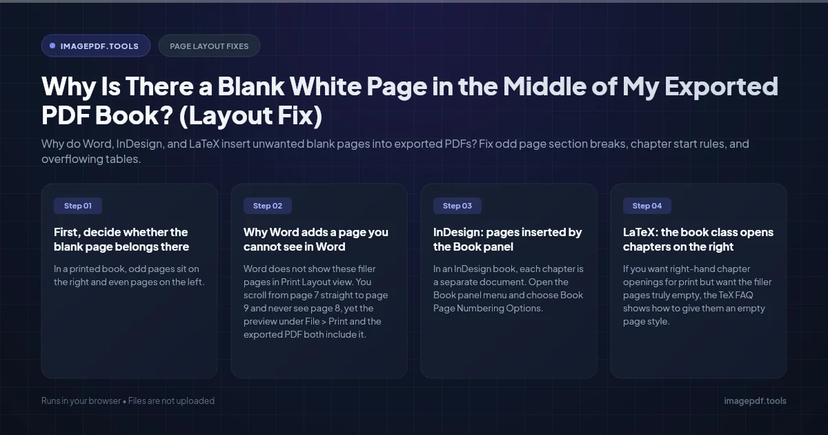 Open book spread showing a blank left-hand page before a new chapter that starts on the right-hand page | ImagePDF.Tools